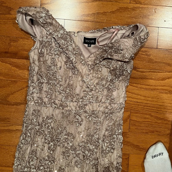 Xscape Strapless Floral Lace Dress in Taupe - Picture 4 of 8
